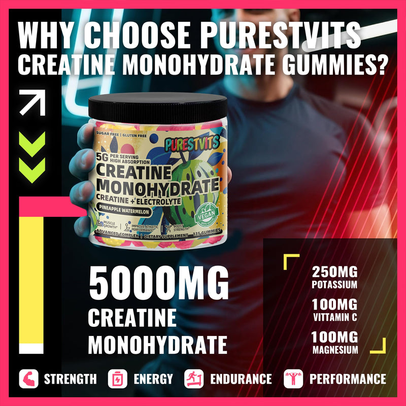 Creatine Monohydrate Gummies (5g) ‚Äì Pre-Workout Energy & Muscle Growth Support for Men & Women | Pineapple Watermelon Electrolyte Gummies (135 Count) Pineapple & Watermelon