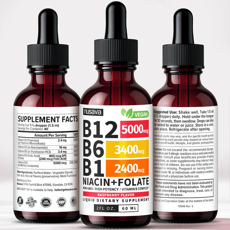NUSAVA B12 Liquid Drops 5000mcg, Raspberry (Pack of 4) | Energy, Brain and Heart Support, Methylcobalamin B12 with B6, B1, Niacin and Folate, Sublingual Drops for Women and Men 2 Fl Oz (Pack of 4)