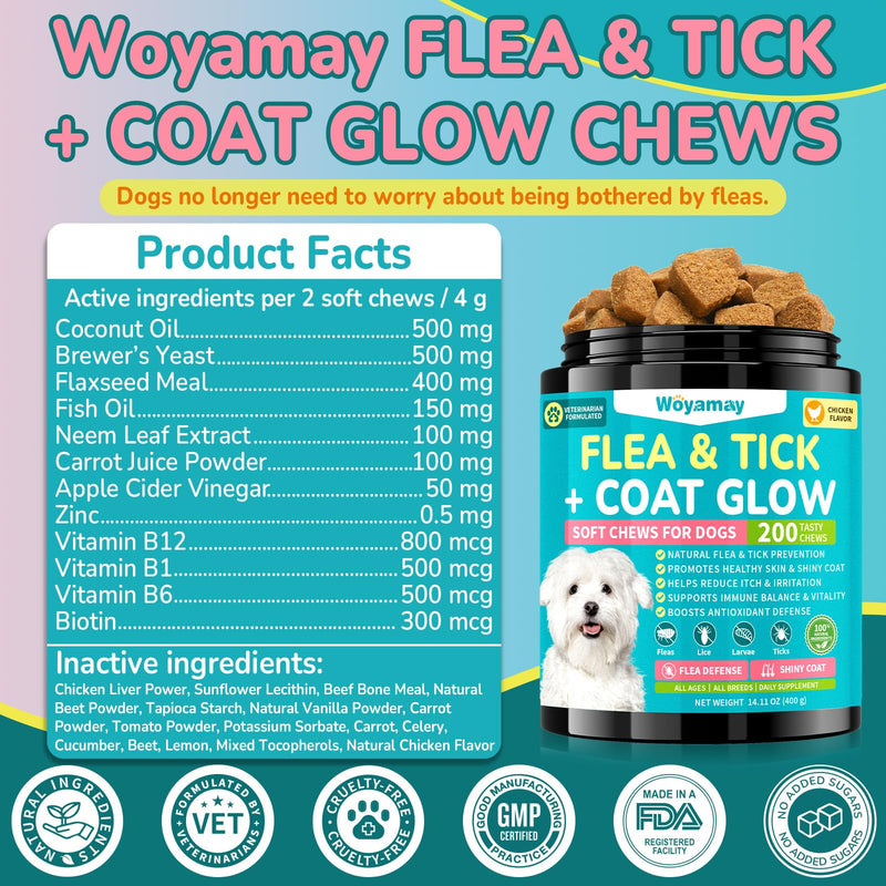 Woyamay Flea + Coat Glow Soft Chews, Natural Flea and Tick Prevention for Dogs, Dog Flea and Tick Treatment Chewable, Reduces Itch & Shedding with Fish Oil & Neem, Chicken Flavor