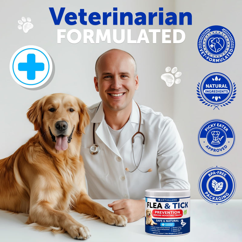 Flea and Tick Prevention for Dogs Chewables - Made in USA - Natural Flea and Tick Supplement for Dogs - 240 Immune Support Chews (2 Pack) - Vitamins B1, B6, B12 - All Breeds and Ages 240 chews