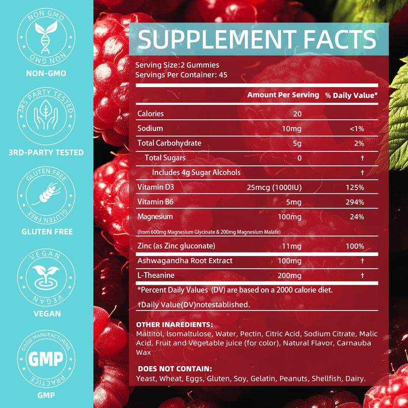 90 Ct Magnesium Glycinate Gummies for Adults Sugar Free | Magnesium Supplement with Glycinate & Malate, L-Theanine, Ashwagandha, Zinc, Vitamin B6 & D3, Supports Relaxation & Sleep Raspberry 90 Count (Pack of 1)