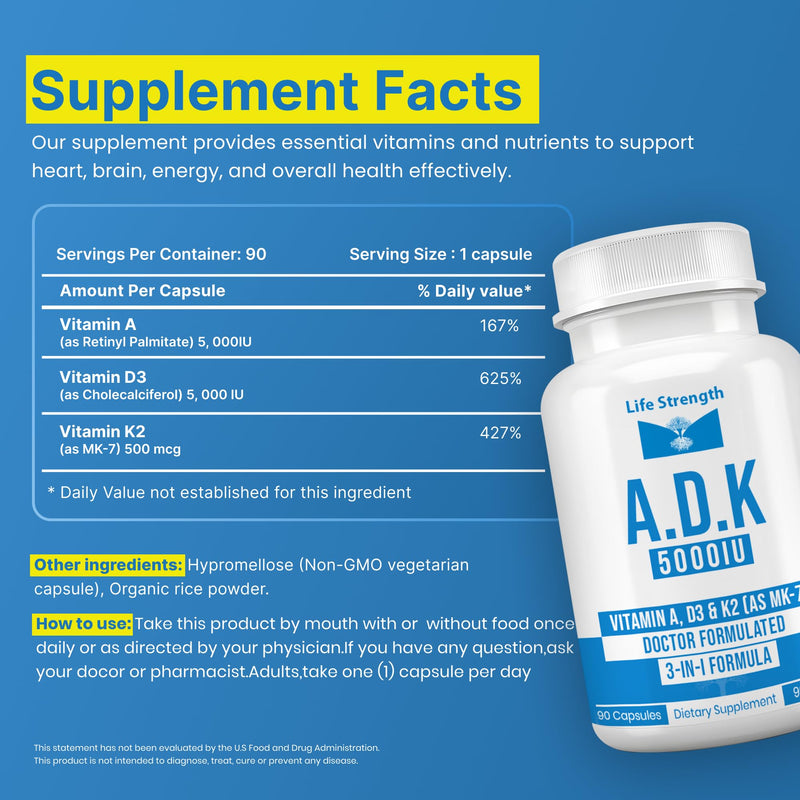 ADK 5 - ADK Vitamin Supplement - High Potency Vitamin A, D3 5,000 IU & K2 (MK-7) for Healthy Bone, Heart & Immune Support - Non-GMO, Gluten Free 90 Capsules (3-Month Supply) Pack of 1