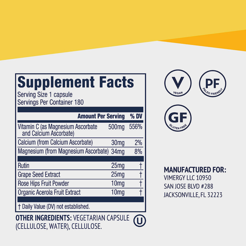 Vimergy Micro-C® Capsules, 180 Servings – 500mg All-Natural Buffered Vitamin C with Rose HIPS, Rutin, Grape Seed & Acerola Fruit Extract – Antioxidant - Supports a Healthy Immune System & Skin Health 180 Count (Pack of 1) - BeesActive Australia