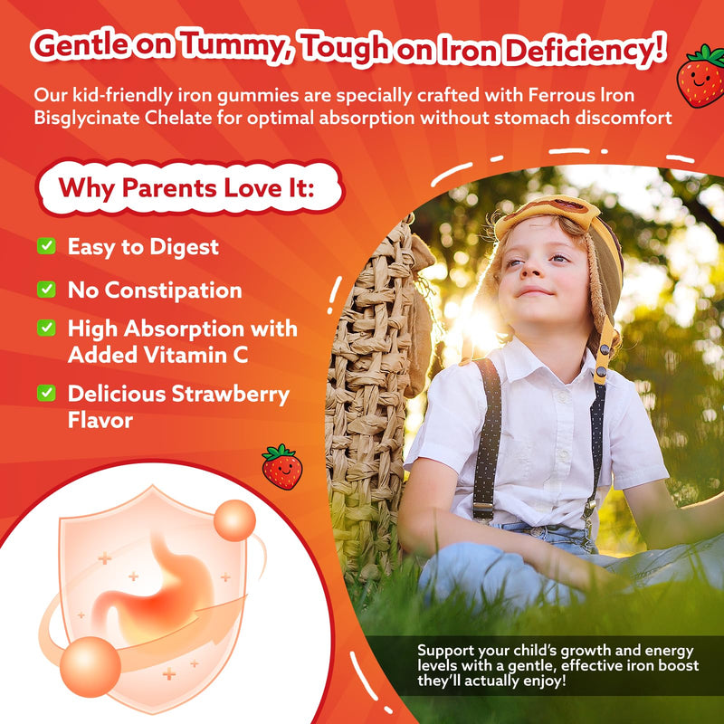 2PCS Iron Gummies for Kids & Teens, Kids Multivitamin with Iron Supplement, Calcium, Folate, Zinc, Prebiotic - for Blood Builder & Energy Support, Iron Deficiency - Vegan & Non-GMO - 120 Count Strawberry 60 Count (Pack of 2)