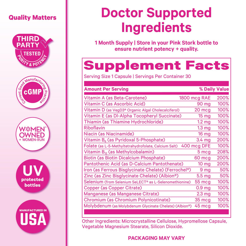 Pink Stork Total Women's Multivitamin, 19 Essential Vitamins, 30 Capsules | Energy, Metabolism, Hormone Support, Immune & Mood Support with B6, B12, Biotin, Iron & Zinc