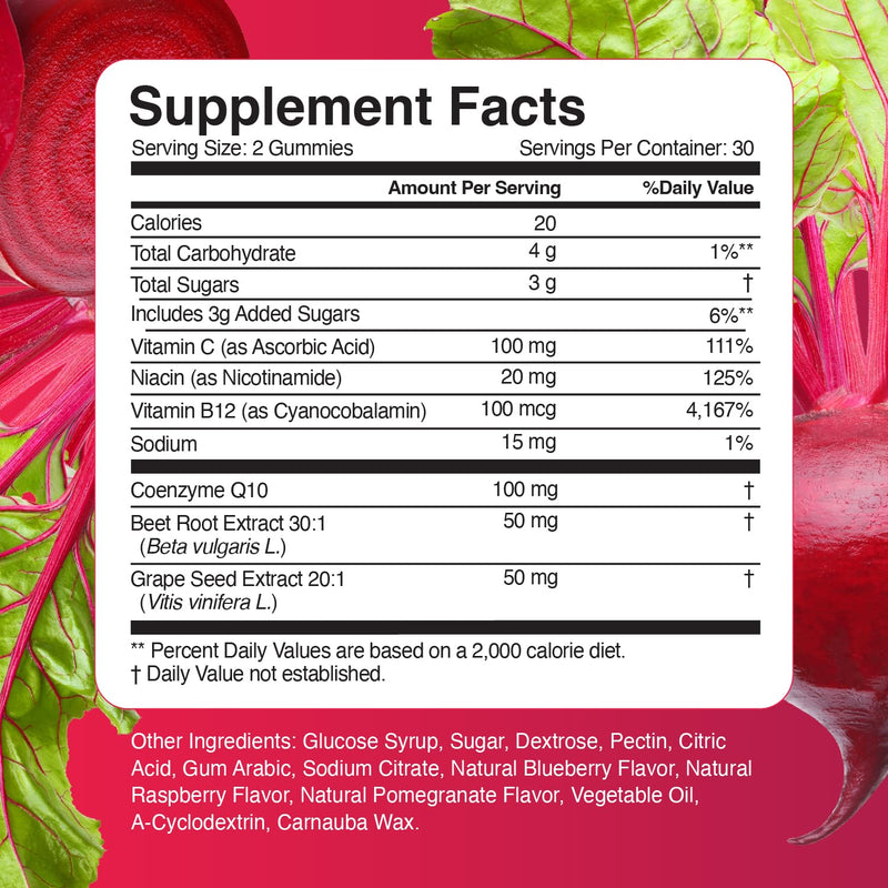 Simply Nature's Pledge Beet Gummies, CoQ10, Grape Seed Extract (Pack of 2) | CoQ10, Nitric Oxide & Energy Support, Non-GMO Beetroot Powder & Grape Seed Extract, Natural Mixed Berry Flavor 60 Count (Pack of 2)