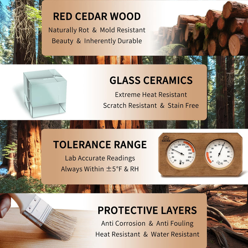 2-in-1 Sauna Thermometer and Hygrometer, Canadian Red Cedar Sauna Thermometer, Sauna Thermometer Fahrenheit Gauge for Sauna Room, Sauna Accessories Brown - BeesActive Australia