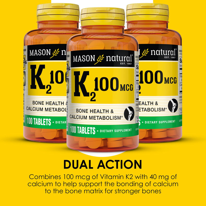 MASON NATURAL Vitamin K2 100 mcg with Calcium, 300 Day Supply | 100 mcg K2 with 40 mg Calcium to support bone health, muscle function & proper calcium metabolism; 300 tablets
