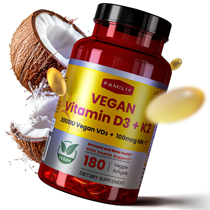 FAMILI+ Vegan Vitamin D3 K2 2000IU with Coconut MCT Oil, 180 Softgels | 180 days, 2000IU Plant source Vitamin D3 + 100 mcg Vitamin K2 MK-7, For Bone, Muscle, Immune, Teeth & Heart Health