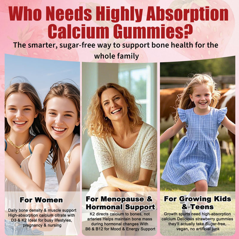 6-in-1 Calcium Gummies 1200 mg with Vitamin D3, K2, Pack of 1 | High Absorption B6,B12 & Zinc, Bone Density & Hormonal Support, Sugar-Free Vegan, Natural Strawberry Flavor