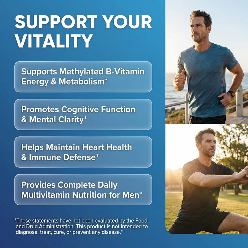 Methylated Multivitamin for Men with Vitamin B12 B6 Choline Magnesium Selenium CoQ10 Iodine Manganese Iron Boron Copper Thiamin Riboflavin Biotin Probiotics Omega 3 | Vegetarian Capsules Mens Vitamins