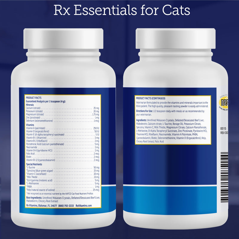 Rx Vitamins Essentials for Cats - Daily Immune Support and Overall Health - Featuring Taurine, Vitamin B12, & Milk Thistle - Cat Multivitamin and Multimineral Powder with Spirulina and Vitamin B - 4oz New Label