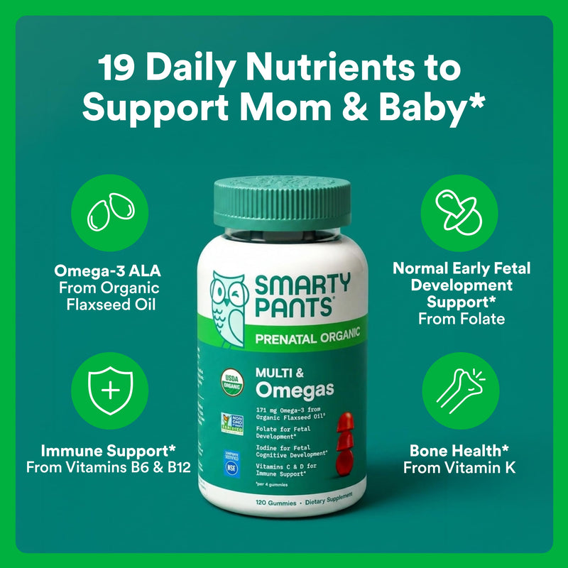 SmartyPants Organic Prenatal Vitamins for Women, Multivitamin Gummies: Biotin, Methylfolate, Omega 3 (ALA), Vitamin D3, C, Vitamin B12, B6, A, K2 & Zinc, Choline, Vegetarian, 120 Count (30 Day Supply) 1 Count (Pack of 1) Organic + Omega