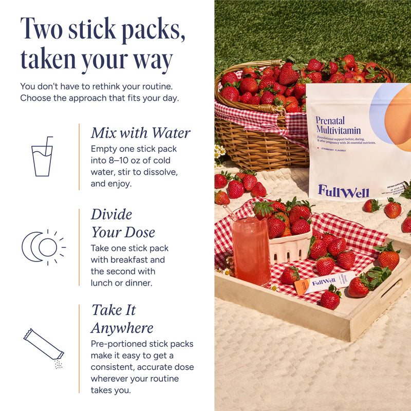 FullWell Prenatal Multivitamin Strawberry Stick Packs, 60 Ct (30 Servings) 60 Count (Pack of 1)