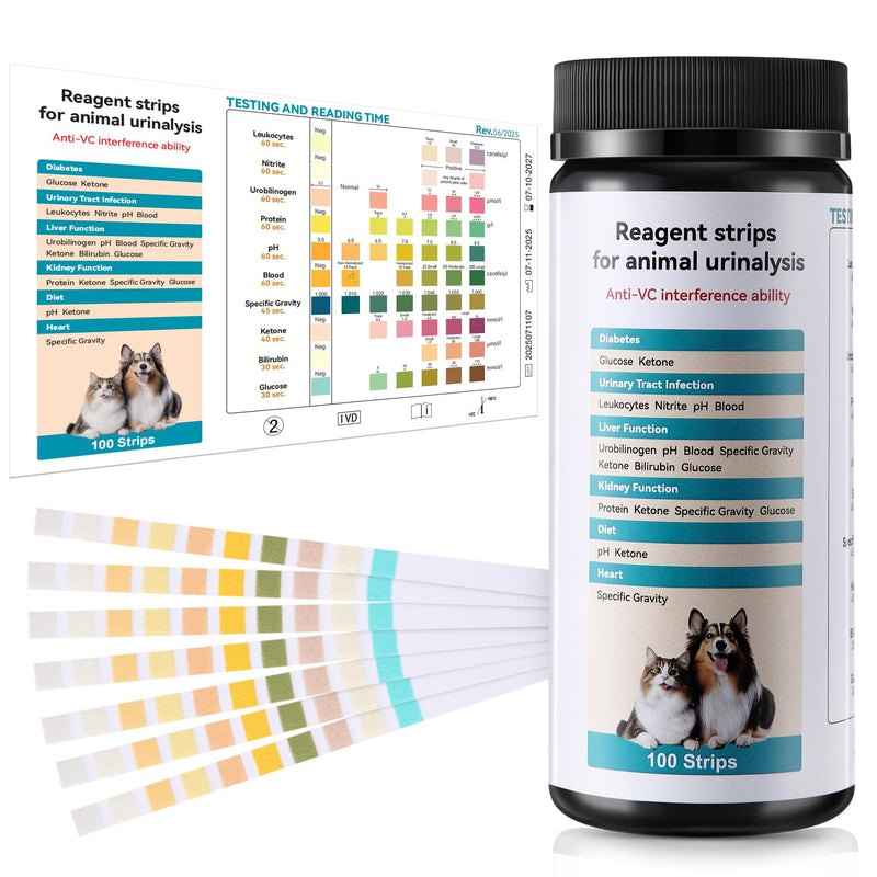 100 x Pet Urine Testing Strips, 10 in 1 UTI Test Kit for Cat & Dog, Multi-Parameter Urinalysis Reagent Strips: Leukocytes, Urobilinogen, Protein, Ph, Blood, Ketone, Bilirubin, Glucose & More - BeesActive Australia