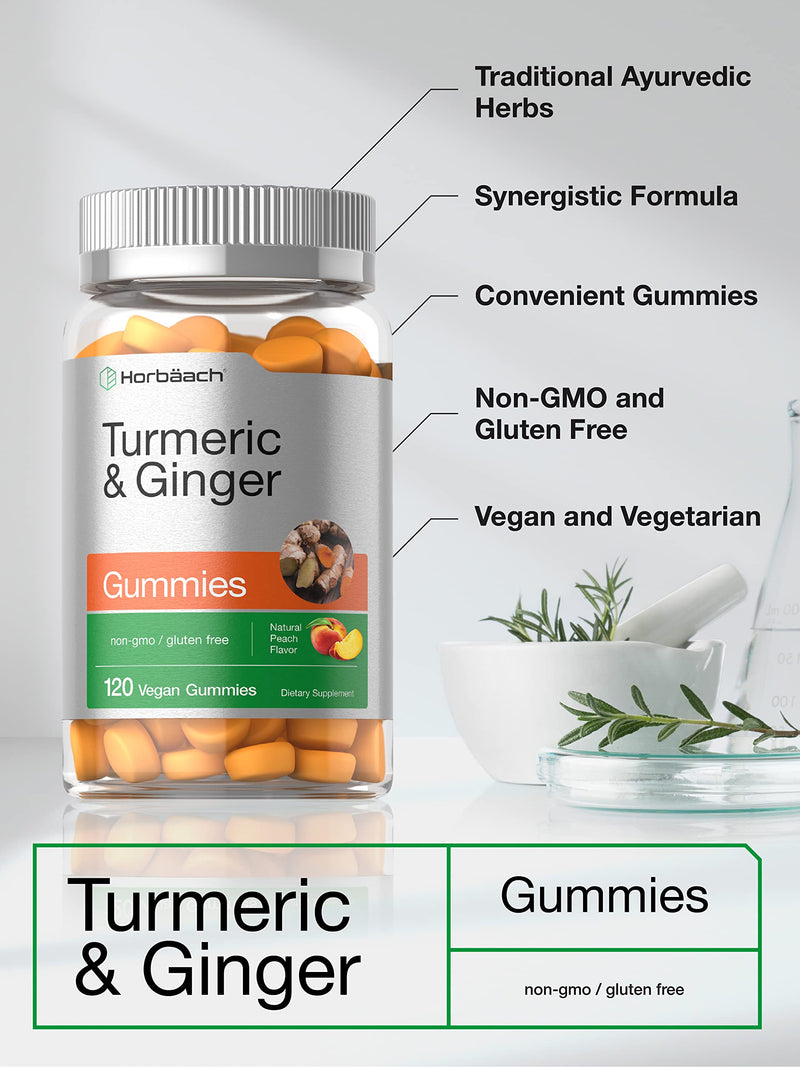 Horbäach Turmeric and Ginger Gummies | 120 Count | Peach Flavor | Vegan Non-GMO & Gluten Free Supplement - BeesActive Australia