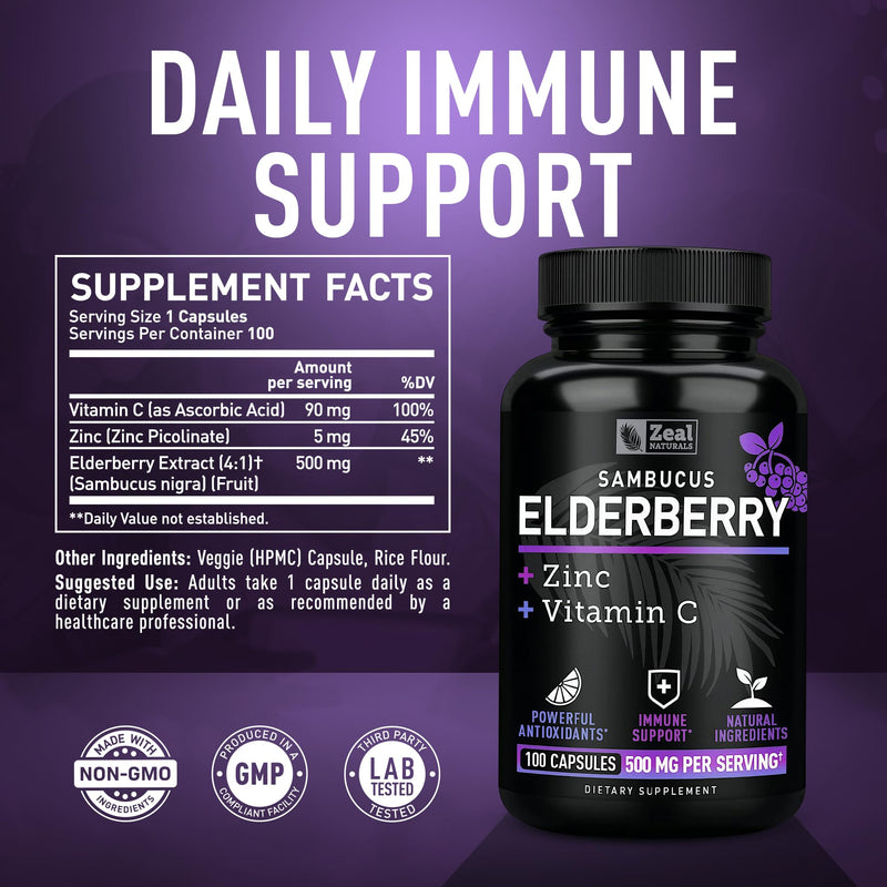 Zeal Naturals Max Strength Elderberry Capsules - 2000mg, 100 Capsules | Sambucus Black Elderberry, Vitamin C, and Zinc | 3-in-1 Immune Support Supplement for Adults