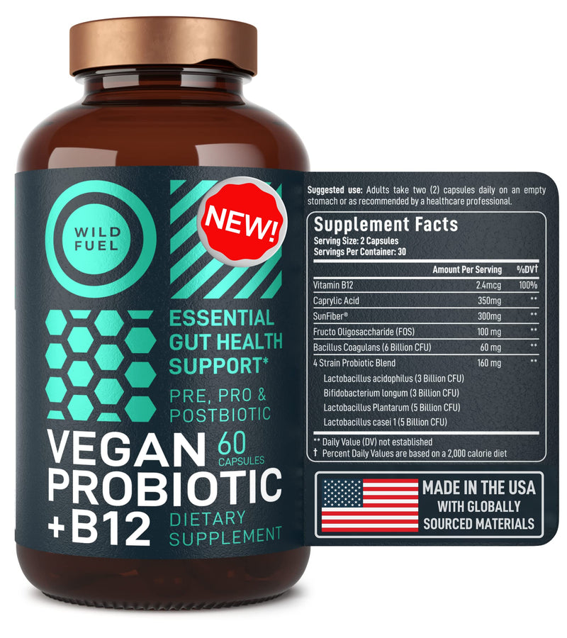 Vegan Probiotic Plus B12 & FOS - 22 Billion CFU Synbiotics Prebiotics and Probiotics for Digestive Health, IBS, Mood Support - B12 Pre Pro Post Biotics for Women & Men - 60 Gluten-Free Capsules Probiotic Unflavored