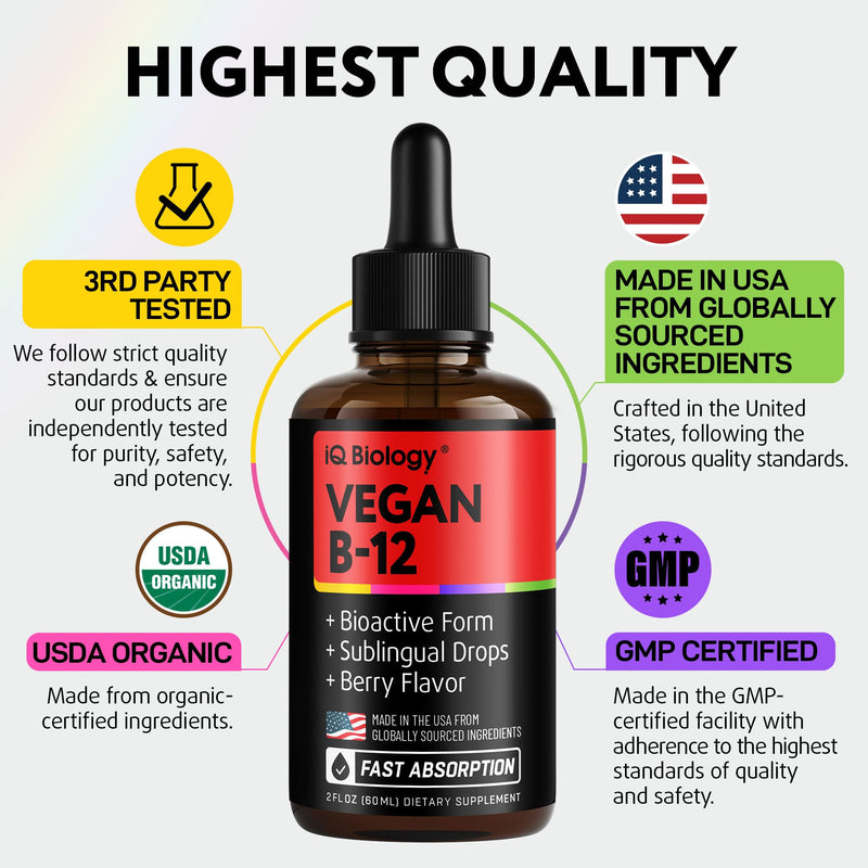 Organic Vitamin B12 Liquid Drops - Sublingual Methylcobalamin 5000 mcg, 2oz | Methylated B-12 Active Coenzyme Form - Energy & Nerve System Support - Berry Flavor - 60 servings 2 Fl Oz (Pack of 1)