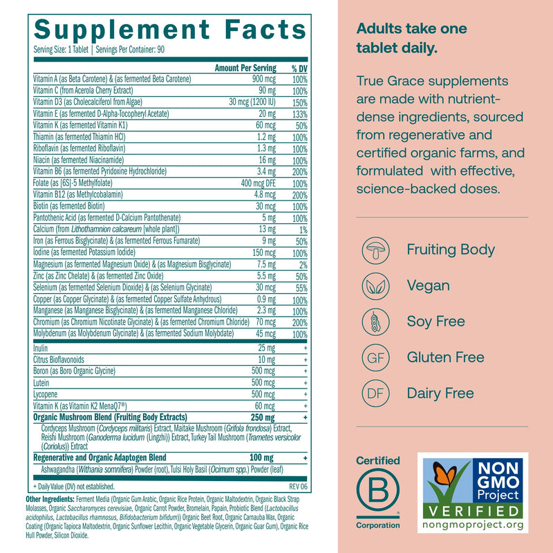 True Grace One Daily Women’s Multivitamin Fermented Minerals, Organic Adaptogens & Mushrooms Whole Body Balance, Immune, Energy, Beauty Support - Non-GMO, Gluten Free, Soy Free - 90 Vegan Tablets 90 Day Supply