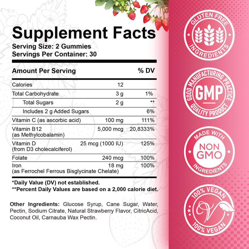 Vitamin B12 Gummies - 5000 mcg Methylcobalamin with Iron, Vitamin C, D3 & Folate, Energy Support and Metabolism, Immune, B-12 Complex Chewable Supplement for Men & Women,Strawberry Flavor Strawberry 60 Count (Pack of 1)