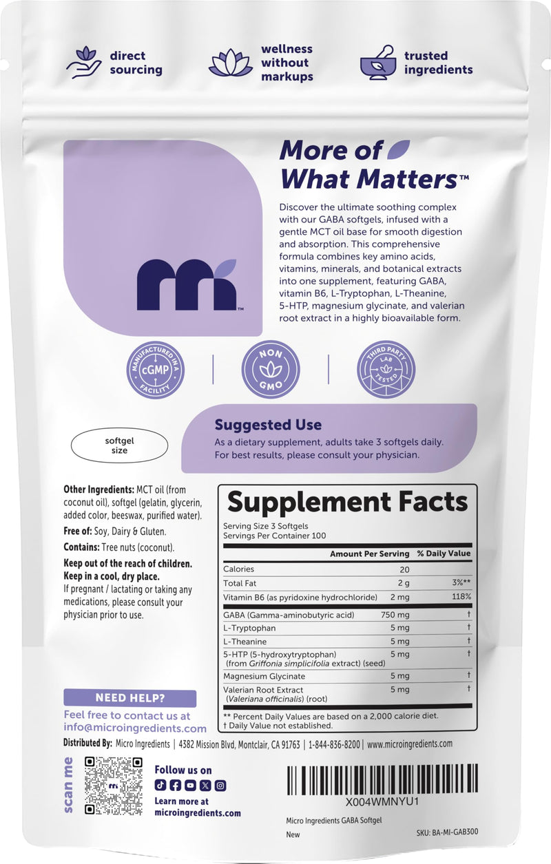 GABA 750mg Complex with Magnesium Glycinate, L-Theanine, Vitamin B6, 5-HTP | Infused with MCT Oil, 300 Softgels | Calm, Sleep & Relaxation Support* | Gamma Aminobutyric Acid with L-Tryptophan | Non-GMO