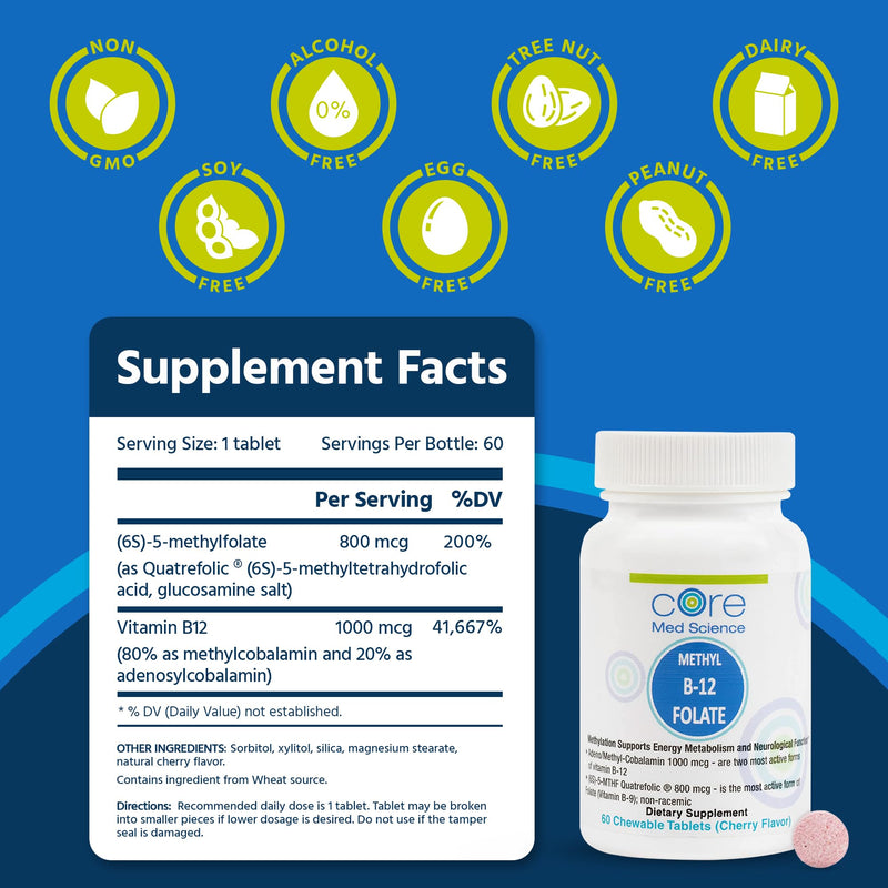 Core Med Science Methyl B12 Folate Supplement for Women & Men (60 Count) | 5-MTHF Pills Support Mood, Cognitive, & Heart Health - Methylfolate Vitamin B9 for Homocysteine Levels & Methylation Cycle 60 Count (Pack of 1)