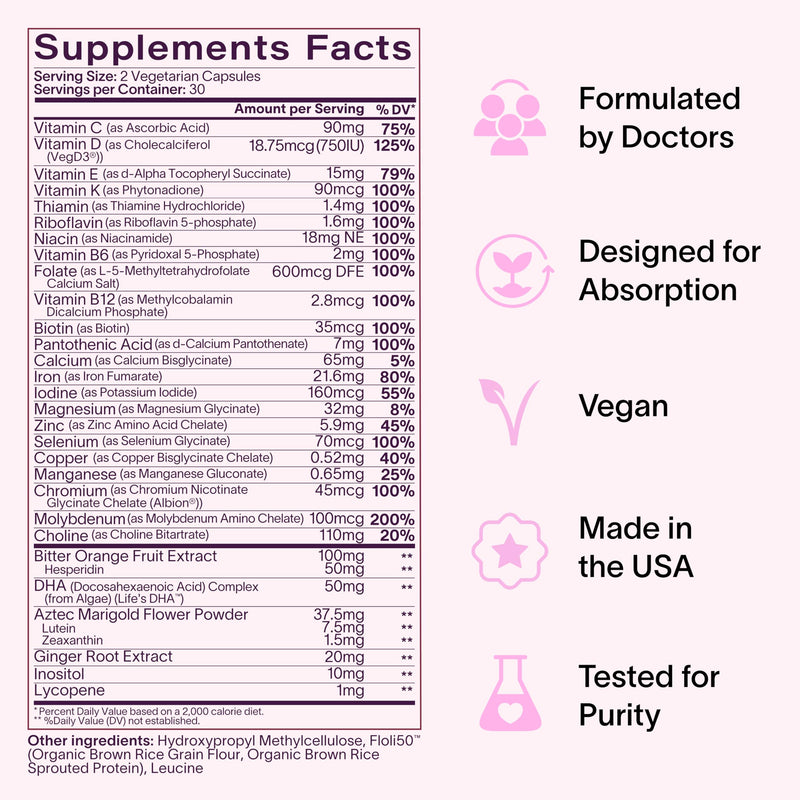 Ladywell Prenatal Multivitamin | Conception, Pregnancy & Postpartum | Key Ingredients Including DHA, Folate & Iron | Expertly-Formulated & Tested | Designed for Absorption with Nausea Support, 60 Ct 60 Count (Pack of 1) - BeesActive Australia