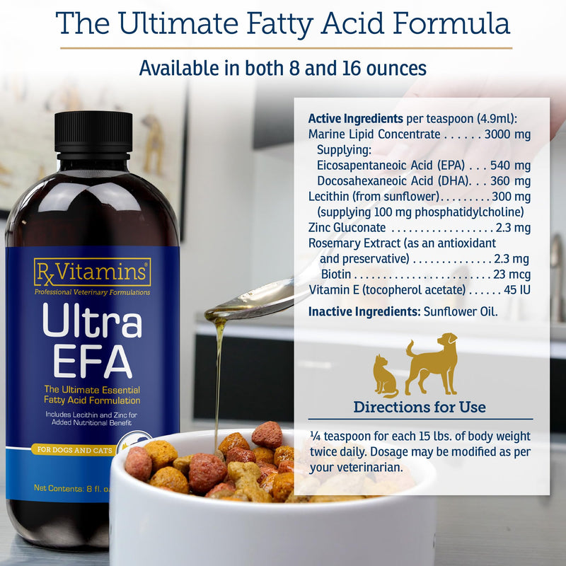 Rx Vitamins Ultra EFA Omega 3 Fish Oil for Dogs & Cats - Promotes Heart, Brain, and Joint Health with Vitamin E, Biotin, and Zinc - Liquid Fish Oil for Itch Relief, Dog Shedding, Coat Health - 8 oz New Label