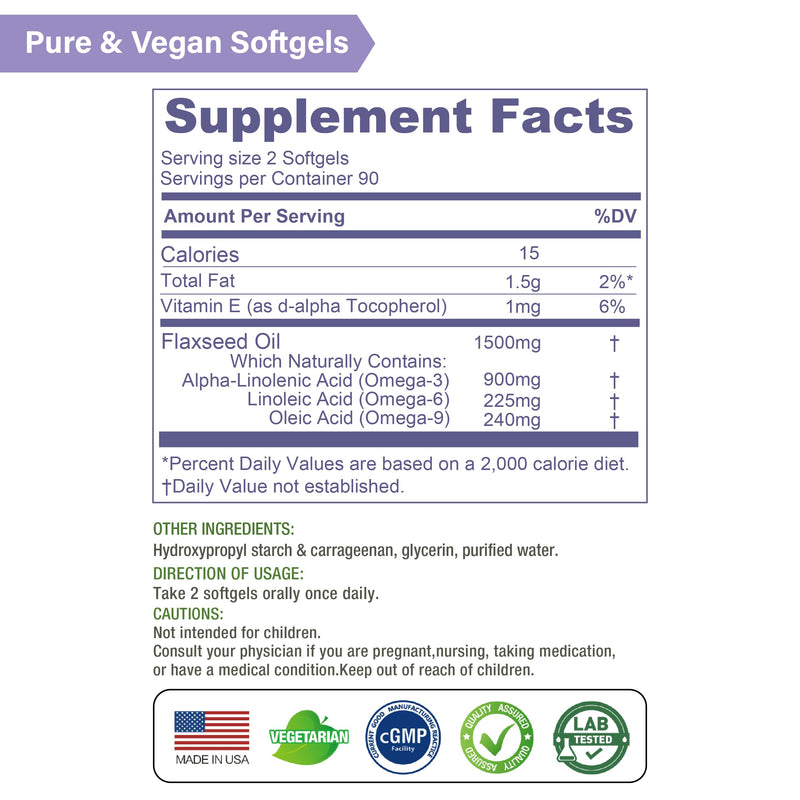 Lovita Vegan Flaxseed Oil 1500mg with 900mg ALA Omega-3 6 9, Cold-Pressed Flax Seed Supplement, Support Heart, Brain, Joint & Skin Health, Non-GMO & Gluten Free, 180 Softgels 180 Count (Pack of 1) Standard Packaging