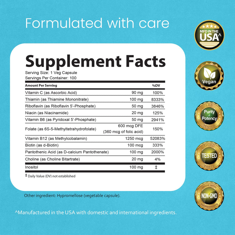 NaturaLife Labs Vitamin B Complex – All B Vitamins Including Active B2, B6, B9 & B12 (Methylcobalamin), Plus B1, B3, B5, B7 & Vitamin C – 100 Capsules (2 Pack) 2