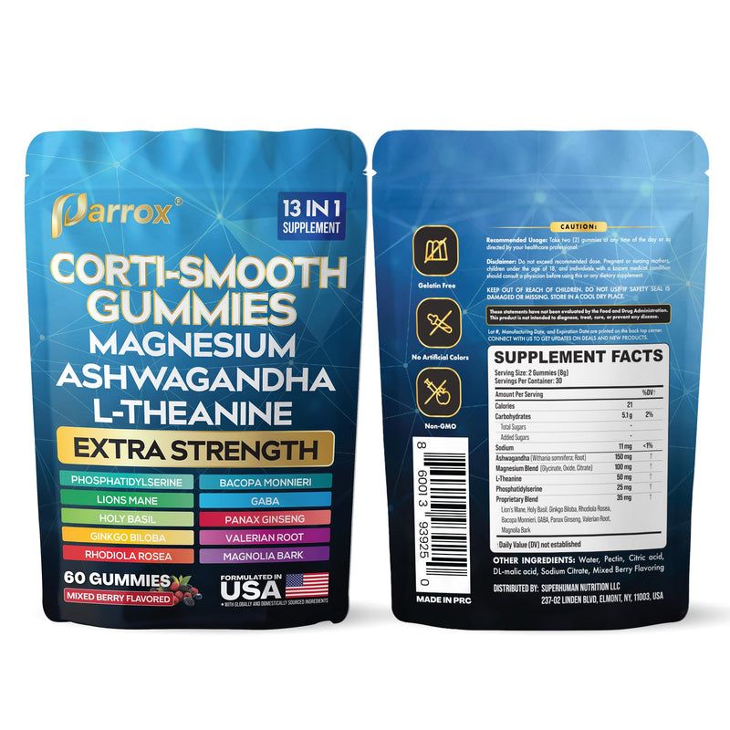 Cortisol Gummies, Magnesium & Ashwagandha, Berry, Corti-Smooth, 2 Pack | Magnesium, L-Theanine, Ashwagandha, Phosphatidylserine, Bacopa, Lions Mane, Ginkgo Biloba, Valerian Root 60 Count (Pack of 2)