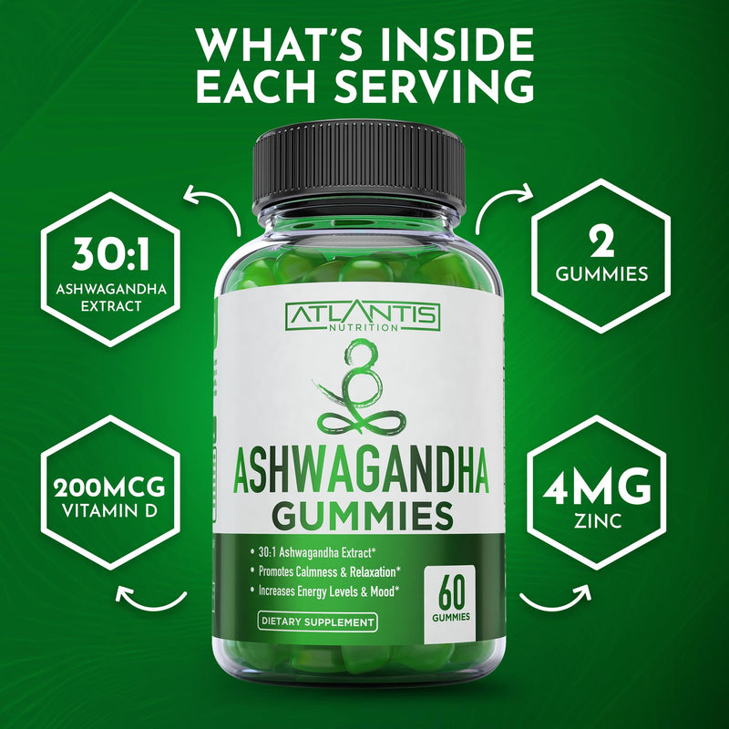 Atlantis Nutrition Ashwagandha Gummies - Ashwagandha Extract 30:1 - Promotes Calmness, Improves Mood, Boosts Energy Levels & Strengthens Immune System - Formulated w/Vitamin D & Zinc - Vegan | 60 Ct