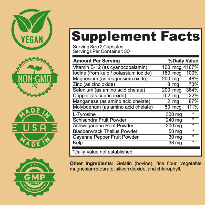Thyroid Support Supplement with Iodine, Ashwagandha & Kelp – Supports Energy, Metabolism & Hormone Balance Formula – Selenium, Zinc & L-Tyrosine – Natural Thyroid Health for Women & Men