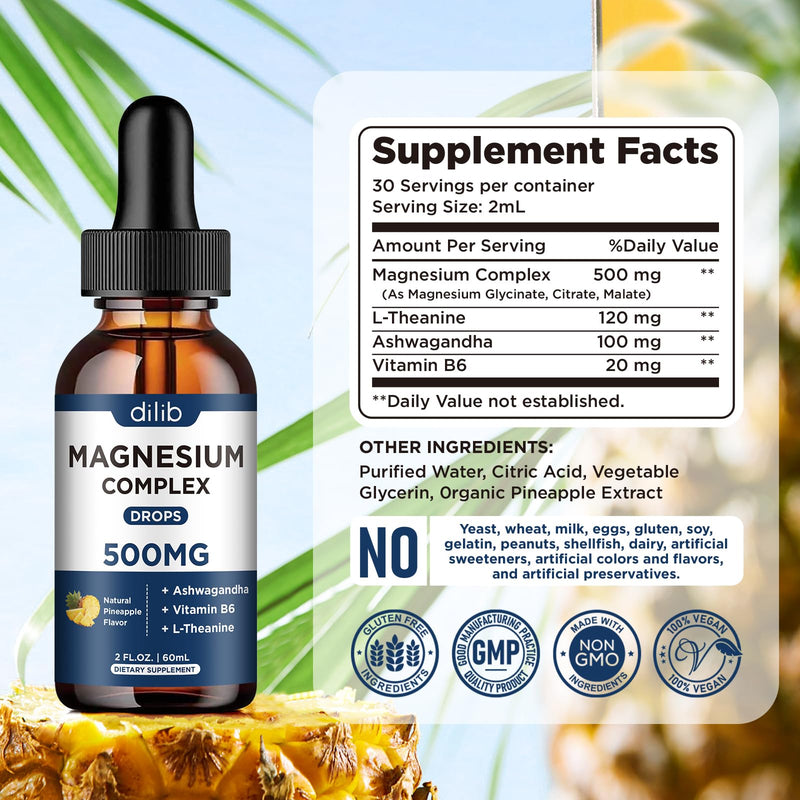 Magnesium Glycinate Liquid Drops 500mg - Triple Magnesium Complex Supplement with Citrate, Malate, Ashwagandha, L-Theanine, Vitamin B6 for Sleep, Stress Relief, Muscle, Pineapple Flavor 4 Fl Oz 2 Fl Oz (Pack of 2)