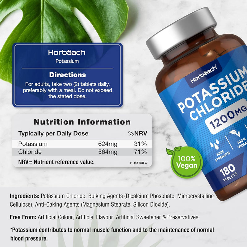Potassium Supplement High Strength 1200mg | 180 Vegan Tablets | 624mg of Potassium & 564mg of Chloride | Suitable for Vegans & Vegetarians | by Horbaach - BeesActive Australia