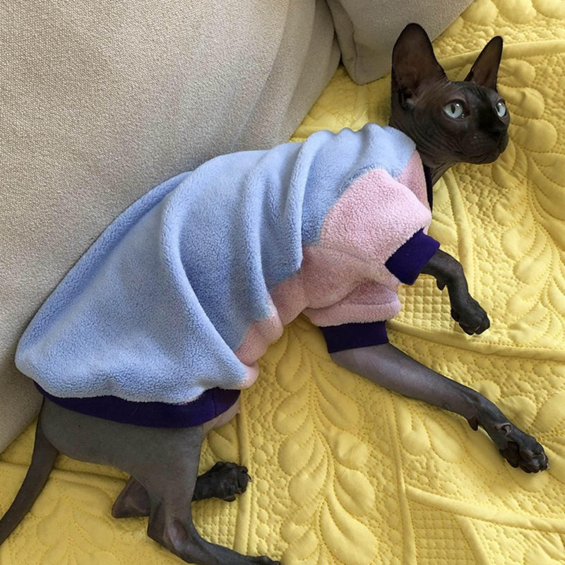 Sphynx Cat Clothes Color Block Hairless Cat Shirts Warm Fleece Winter Cat Sweater Outfit, Pet Clothes for Sphynx Cat Coat for Cats Cats & Small Dogs Apparel (Back Blue Belly Pink, Large) Back Blue Belly Pink - BeesActive Australia
