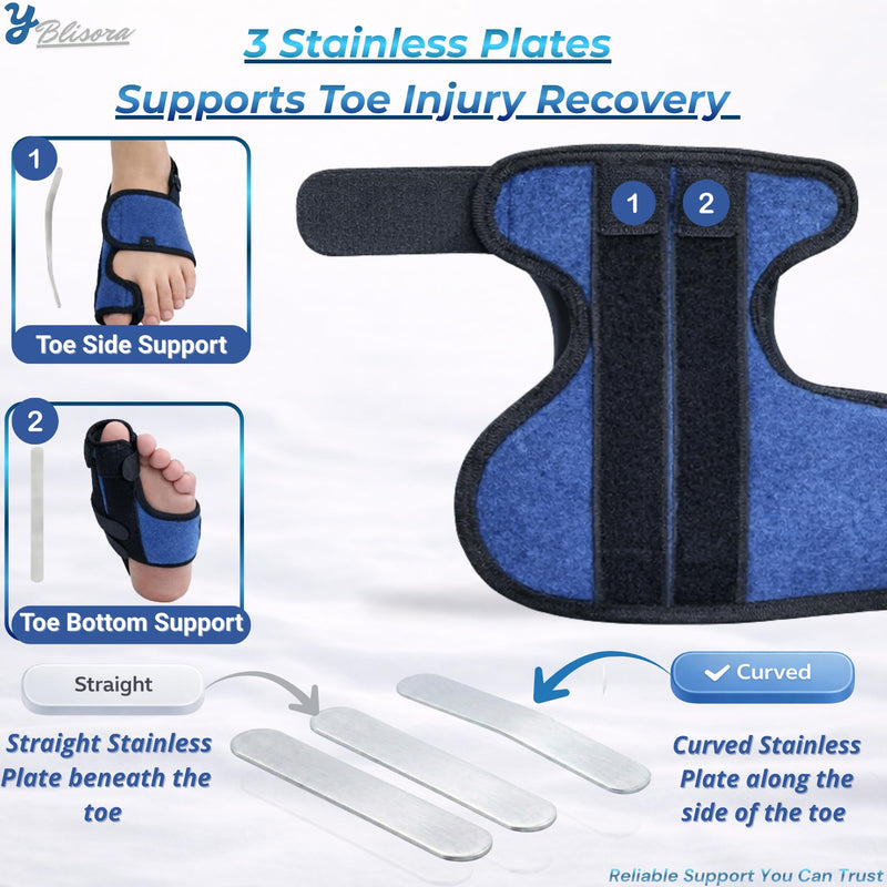 Broken Big Toe Splint Brace for Women Men, Big Toe Splint for Broken Toe with 3 Stainless Steel Plates, Adjustable Broken Toe Brace, Turf Toe Support, Detachable Heel Strap Buckle, Shoehorn Included, Blue Left Blue-Left - BeesActive Australia