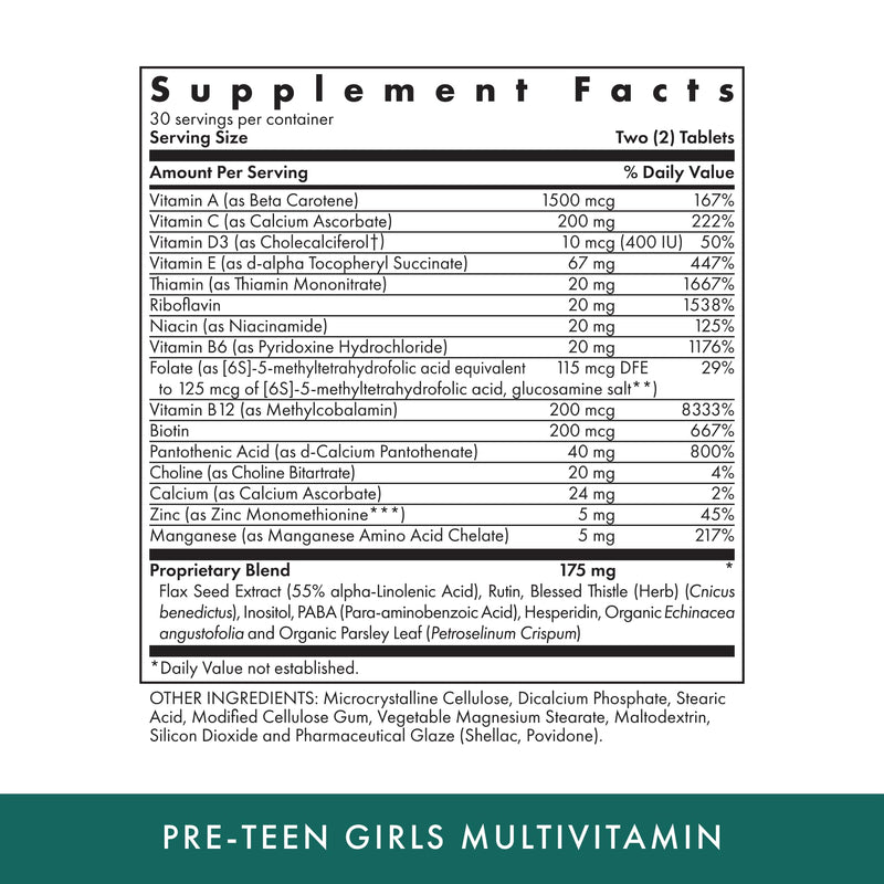Michael's Health Naturopathic Programs Pre-Teen Girls - 60 Vegetarian Tablets - Daily Multivitamin for Healthy Growth & Development - Kosher - 30 Servings