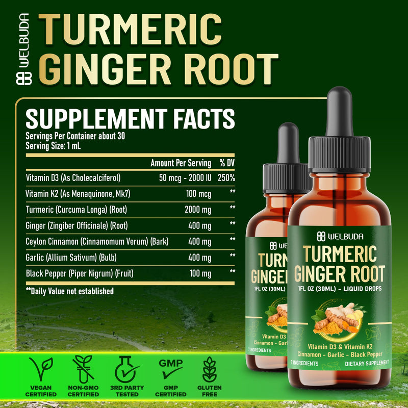 7in1 Liquid Turmeric Curcumin with Vitamin D3, Vitamin K2, Ginger, Ceylon Cinnamon, Garlic, Black Pepper - Drops Extract - 2 Packs of 30ml - 2 Month Supply