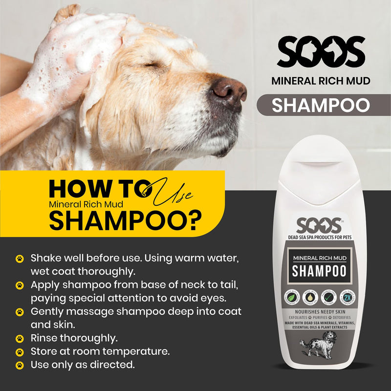 Soos Pet Dog Shampoo for Cats and Pets Mineral Rich Mud Natural Dead Sea Cruelty Free Fast Absorbing Skin Cooling First Aid Antib-acterial and Antif-ungal Odor Remover - 1x 250ml - PawsPlanet Australia