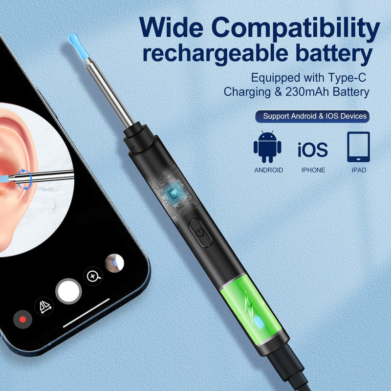 Ear Wax Removal, Ear Cleaner with Camera, Ears Wax Removal Kit with 1296P HD Ear Otoscope with 6 LED Lights, Earwax Removal Tool for iPhone, iPad & Android Smart Phones (Black, Standard) Black - BeesActive Australia