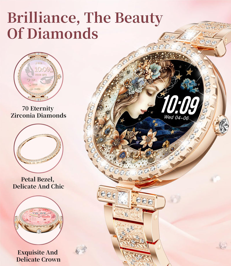 ESFOE Smart Watches for Women,1.19” AMOLED Smart Watch Women Answer Make Calls,IP68 Waterproof Fitness Tracker,Heart Rate Sleep Monitor,100+ Sports Pedometer Watch for Android iOS Phone,Gift,Rose Gold FV8-A(Diamond Metal Gold)