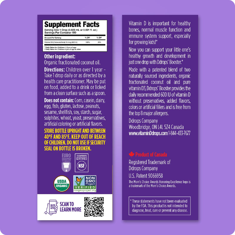 Ddrops Kids Booster 600IU 100 Drops - Daily Liquid Vitamin D for Kids. Support Strong Bones & Immune System in Children. No Preservatives, No Sugar, Non-GMO, Allergy-Friendly 0.09 Fl Oz (Pack of 1)