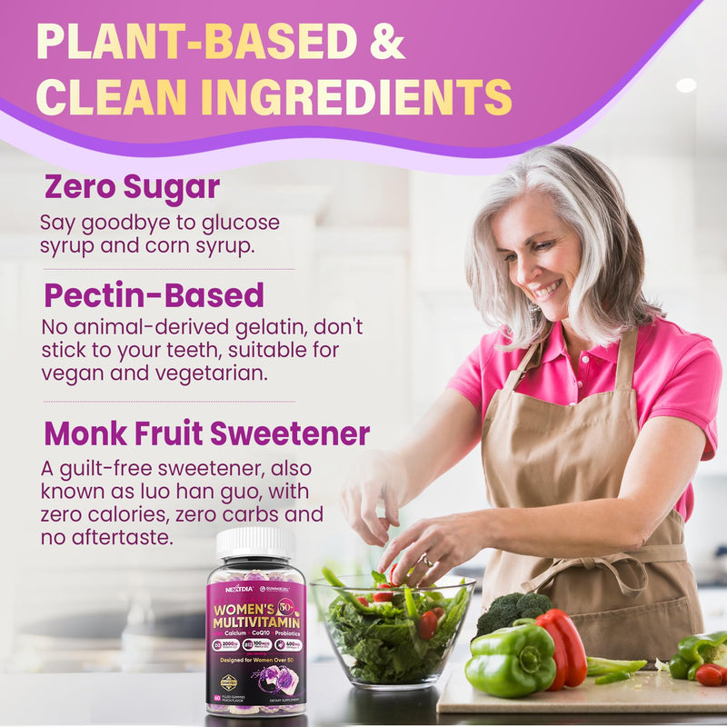 Multivitamin for Women 50 Plus Gummies, Vegan Omega 3, Calcium D3 K2, CoQ10 | Probiotics, Daily Vitamin A C E, Methylfolate, Methylated B12 Biotin B Complex, Zinc -Bone Energy Longevity -Sugar Free 60Cts 60 Count (Pack of 1)