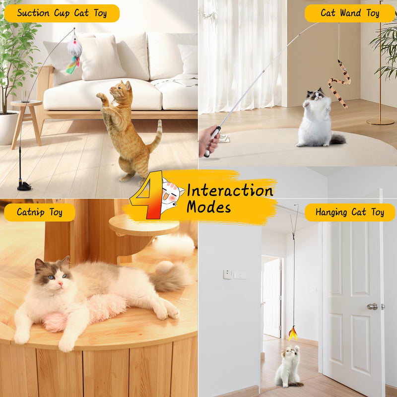 4-in-1 Interactive Cat Feather Toys Durable Retractable Fishing Pole Cat Toy Enhanced Suction Cup Cat Catnip Toy 14 Wand Replacement Door Hanging Cat String Toy for Bored Indoor Kitten 4-in-1 Cat Toy Set - BeesActive Australia