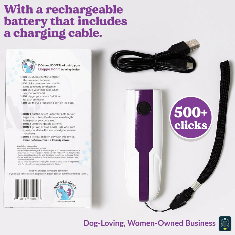 Doggie Don’t Anti Barking Device for Dogs - No Shock Bark Control & Dog Bark Deterrent - Humane Audible Dog Training Tool for Reactive Dogs, Stop Barking, Jumping & Leash Aggression - Rechargeable Purple, Rechargeable Battery