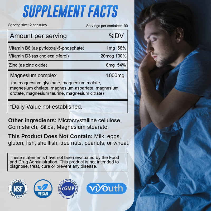 Magnesium 7 Complex Supplement Advanced for Sleep & Muscle, 180 Capsules | 7 Forms of Magnesium (Glycinate, Malate, Chelate, Aspartate, Orotate, Taurine, Citrate), Zinc, Vitamin D3 & Vitamin B6 180 Count (Pack of 1)