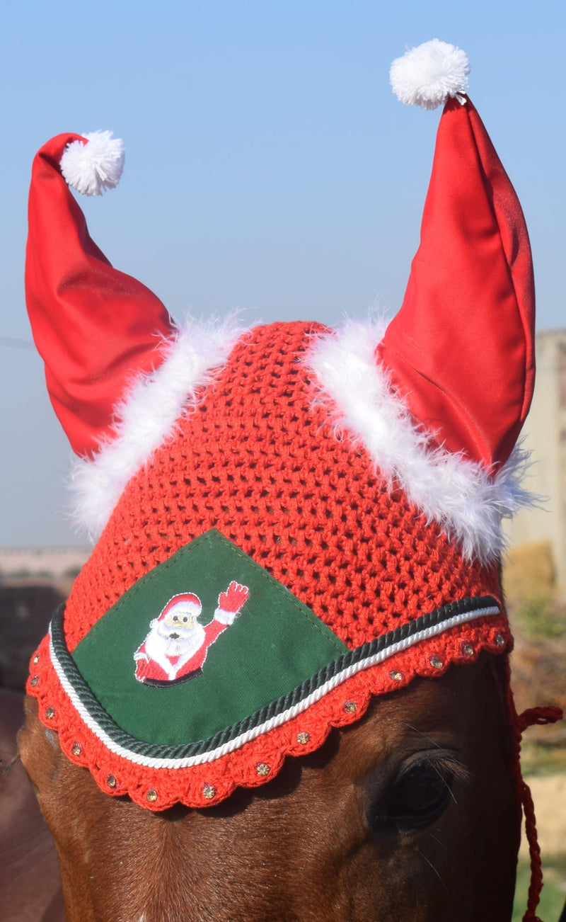 Santa Claus Christmas Horse Fly Bonnet Net Hat Hood Mask Fly Veil Full Hand Made Cotton Full (Red, Pony) Red - BeesActive Australia
