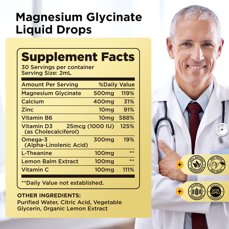 Magnesium Glycinate Supplement, Magnesium Glycinate Liquid Drops 500mg with Calcium, Zinc, Vitamin B6, D3, L-Theanine, Omega 3 for Sleep, Mood, Stress Relief, Bone, Muscle, Lemon Flavor 2 Fl Oz (Pack of 1)